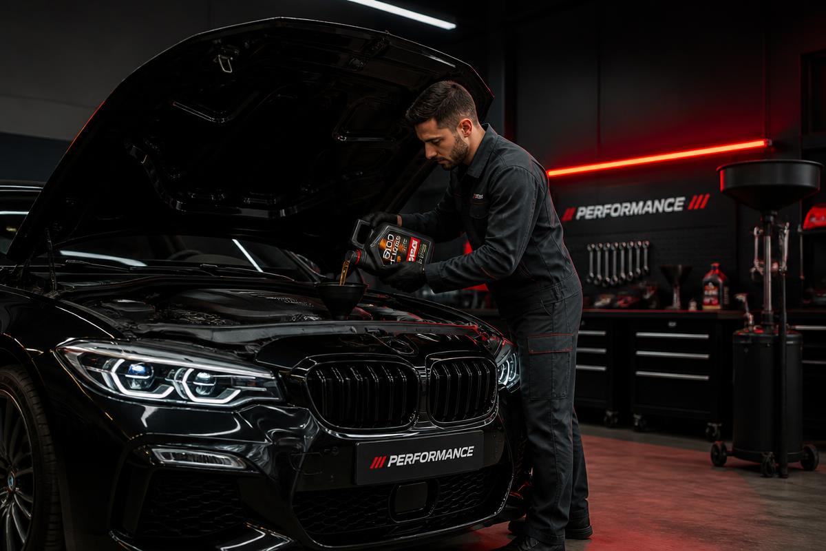 Mechanic performing premium oil change service in a dark performance workshop