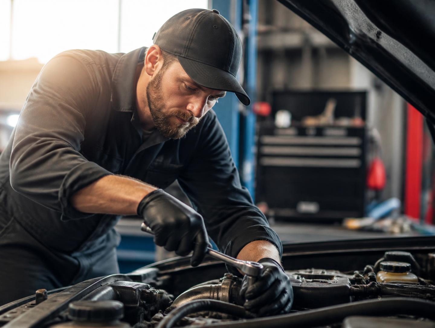 Automotive technician performing detailed engine maintenance in a clean workshop