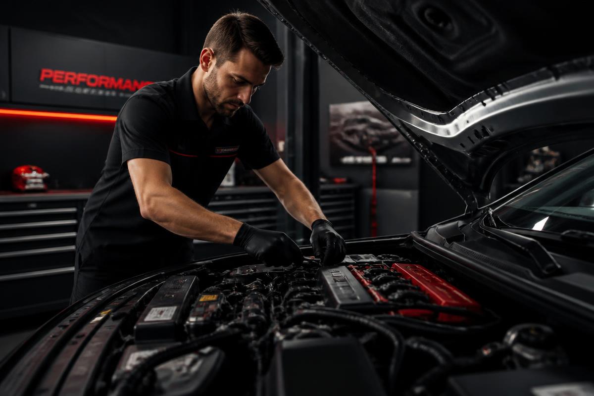 Automotive technician performing detailed engine maintenance in a clean workshop